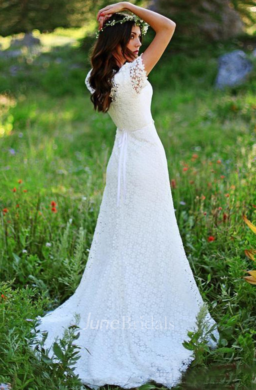 Vintage Country Modest Cap Sleeve Bohemian Crochet Lace A Line