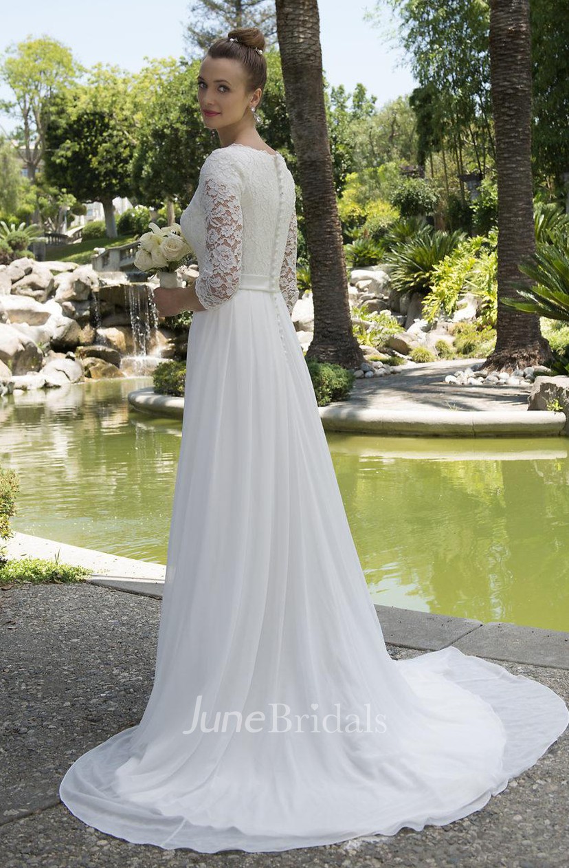 Informal Modest Beach Scoop Neck Lace Chiffon Wedding Dress With 3 4 Sleeves