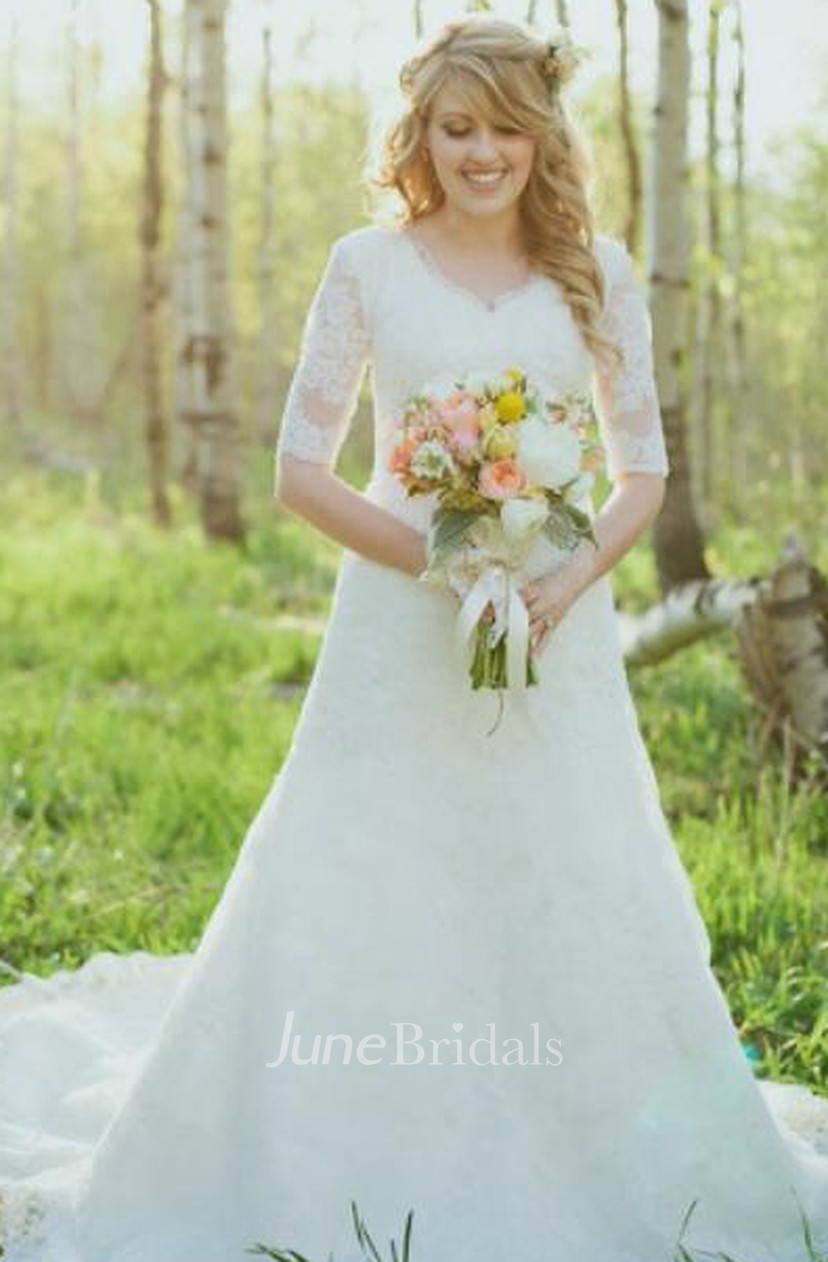 Half Sleeves V Neck A Line Lace Vintage Wedding Gown June Bridals