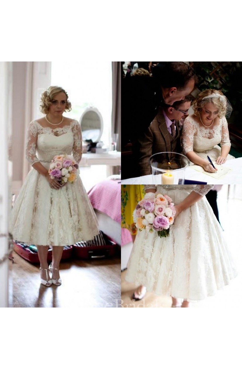 Plus Size Lace Scoop Illusion Half Long Sleeve Tea Length Wedding