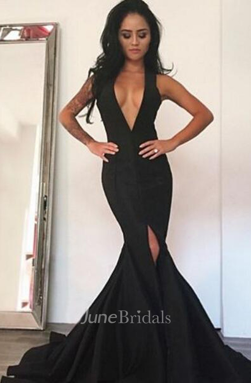 black deep v prom dress