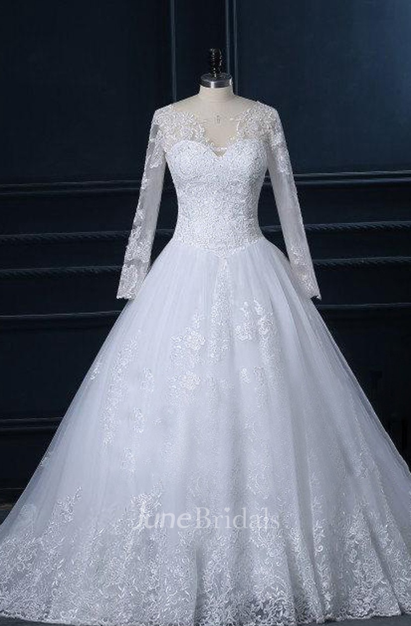 High Neck Long Sleeve Cathedral Train Tulle Lace Dress With Button