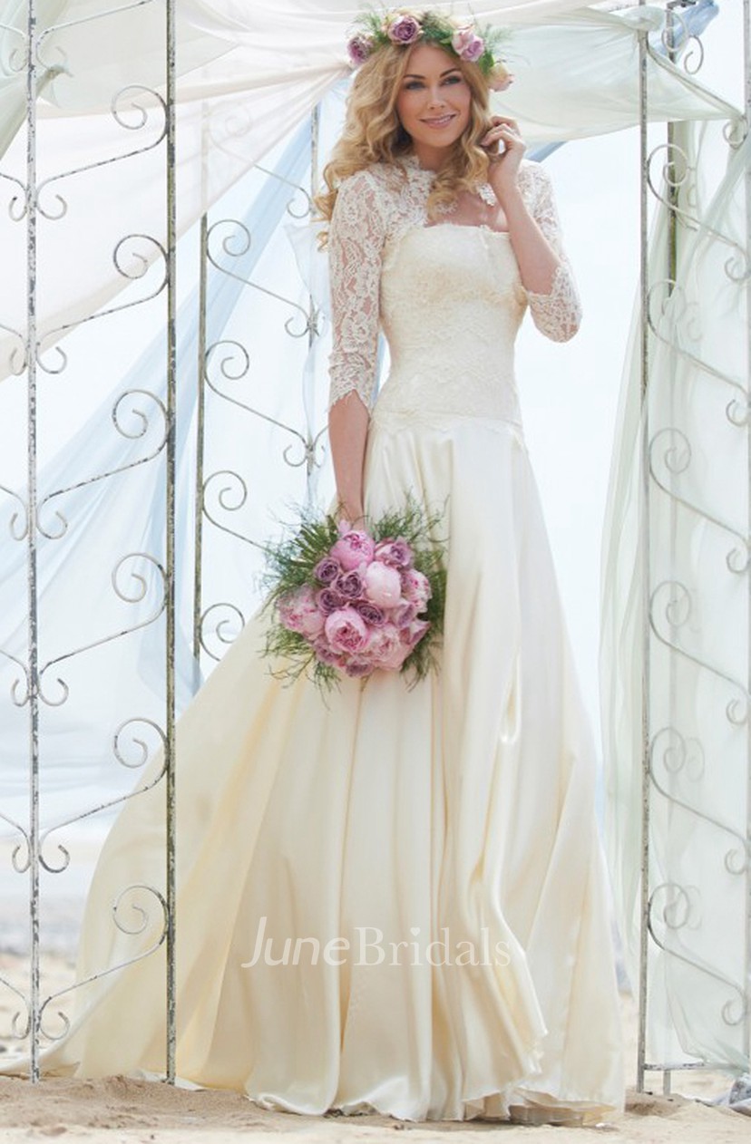 A Line 3 4 Sleeve Floor Length Strapless Chiffon Wedding Dress