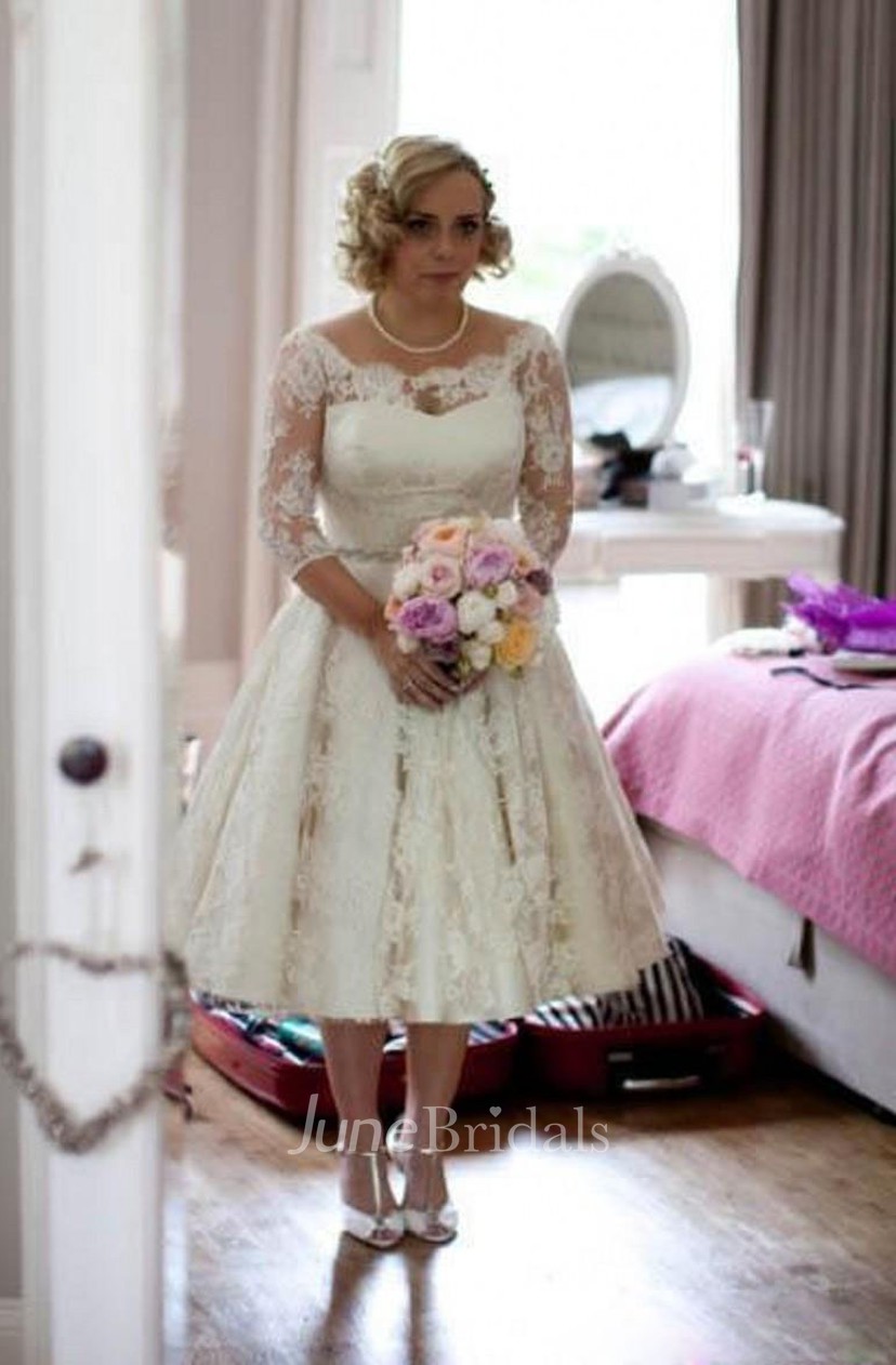 Plus Size Lace Scoop Illusion Half Long Sleeve Tea Length Wedding