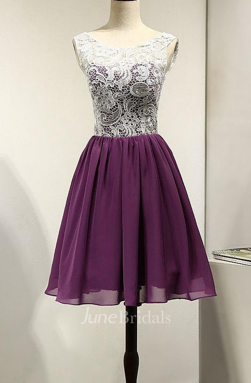 White And Purple Unique Short Beach Bridesmaid Lace Chiffon Short