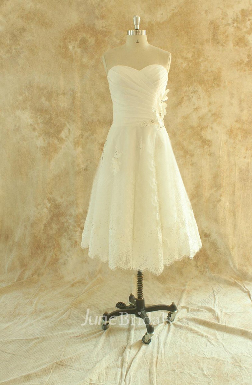 A Line Tea Length Lace Wedding Dress With Ruching And Sweetheart