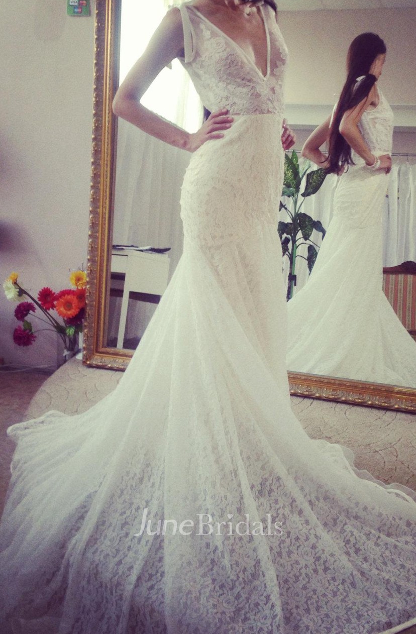 Deep V Neck Sleeveless Lace Mermaid Wedding Dress With Long Train