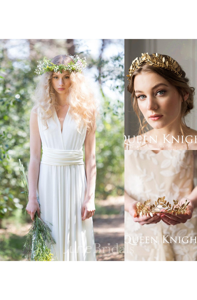 V Neck Sleeveless Sheath Chiffon Wedding Dress And Vintage