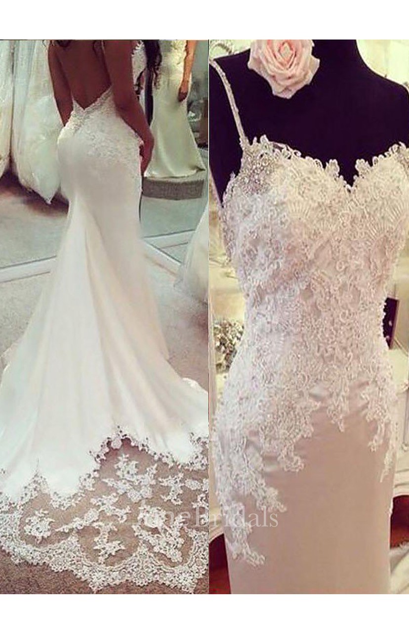 Trumpet Applique Spaghetti Straps Sleeveless Court Train Wedding
