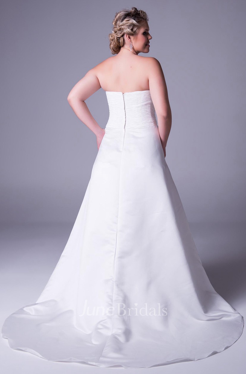 Floor Length Strapless Satin Plus Size Wedding Dress With Ruching