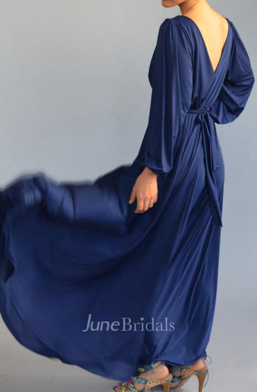 Fall Blue Evening Floor Length Bell Shape Golden Feather Belt Full