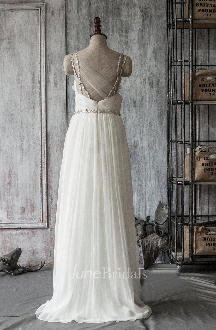 Spaghetti Strap Long A Line Chiffon Wedding Dress With Crystal